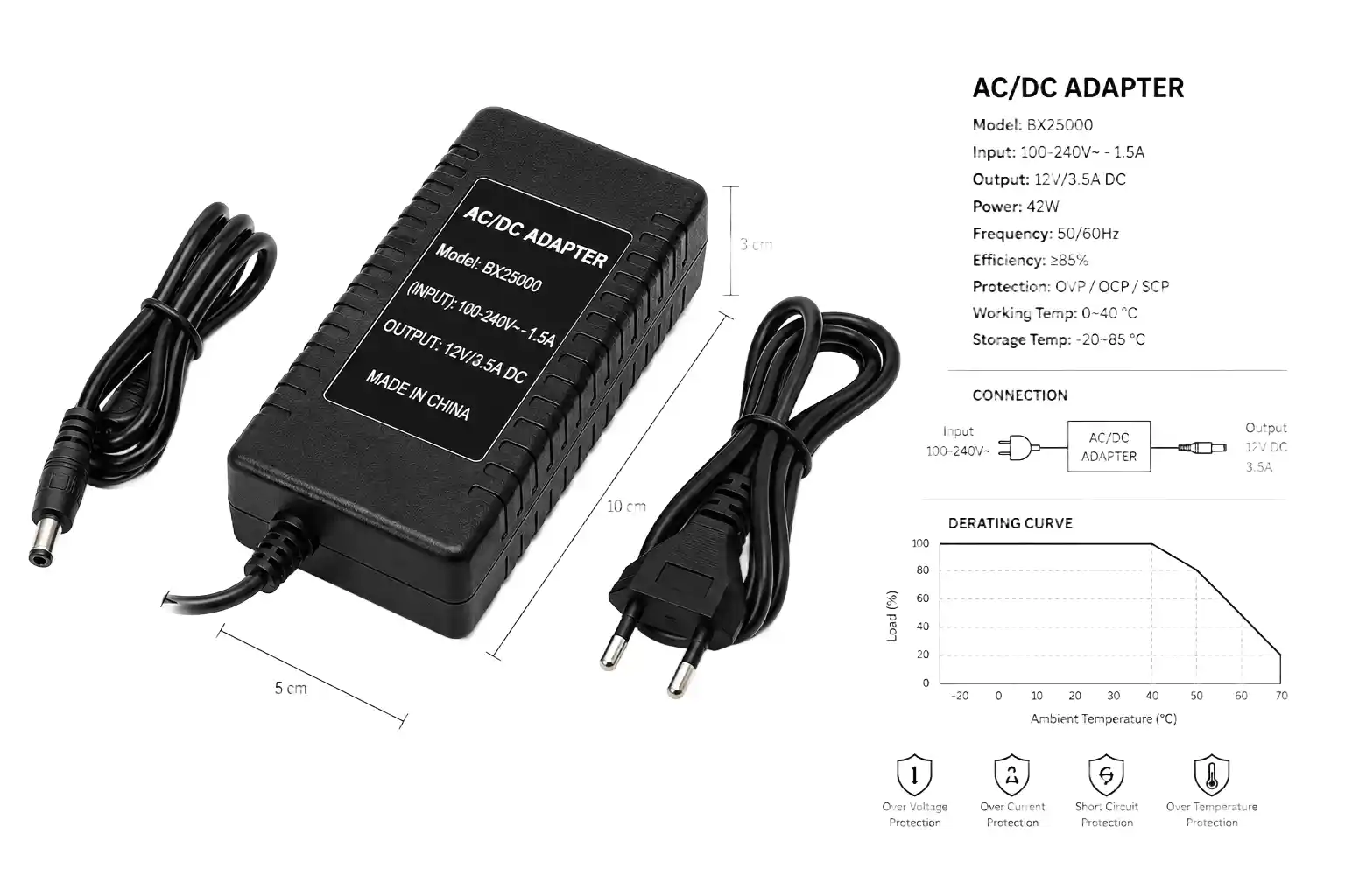 Rozměry a certifikace LED napájecího zdroje 12V 60W, zásuvkový